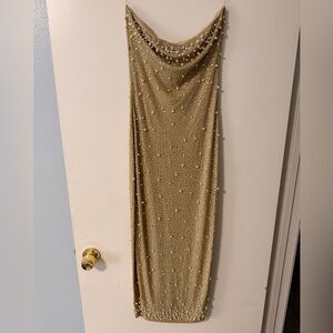 Fashion Nova Gold Strapless Dress Embellished with Pearls ✨
